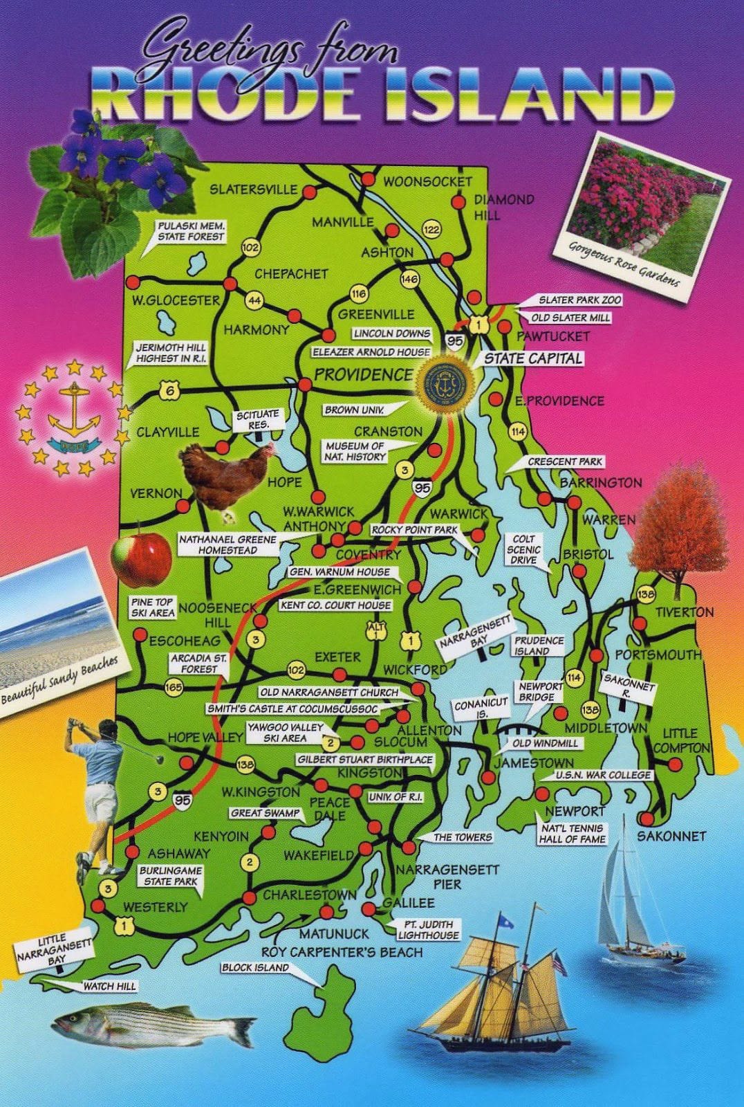 Large detailed tourist map of Rhode Island state