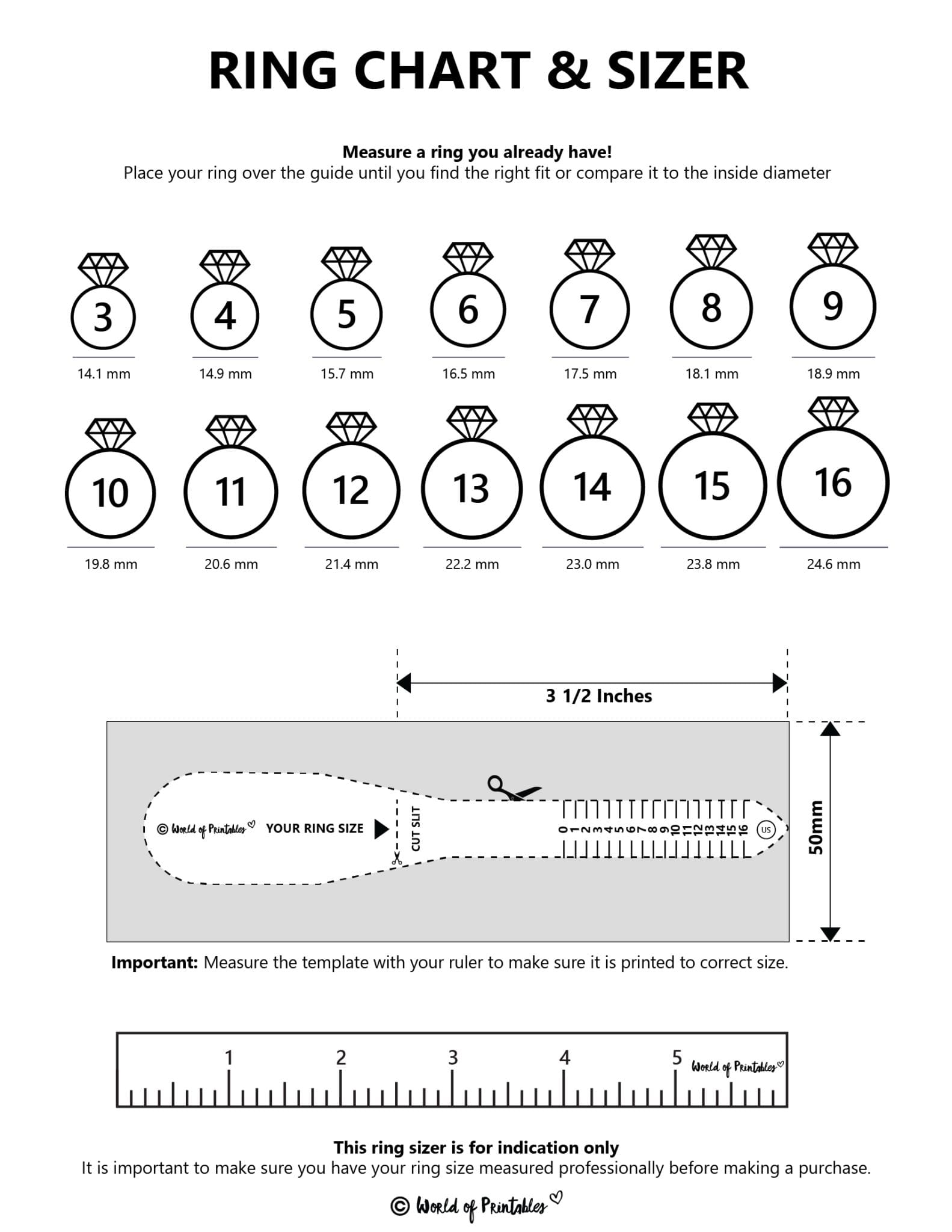 Free Printable Ring Sizer Strip and Size Chart PDF