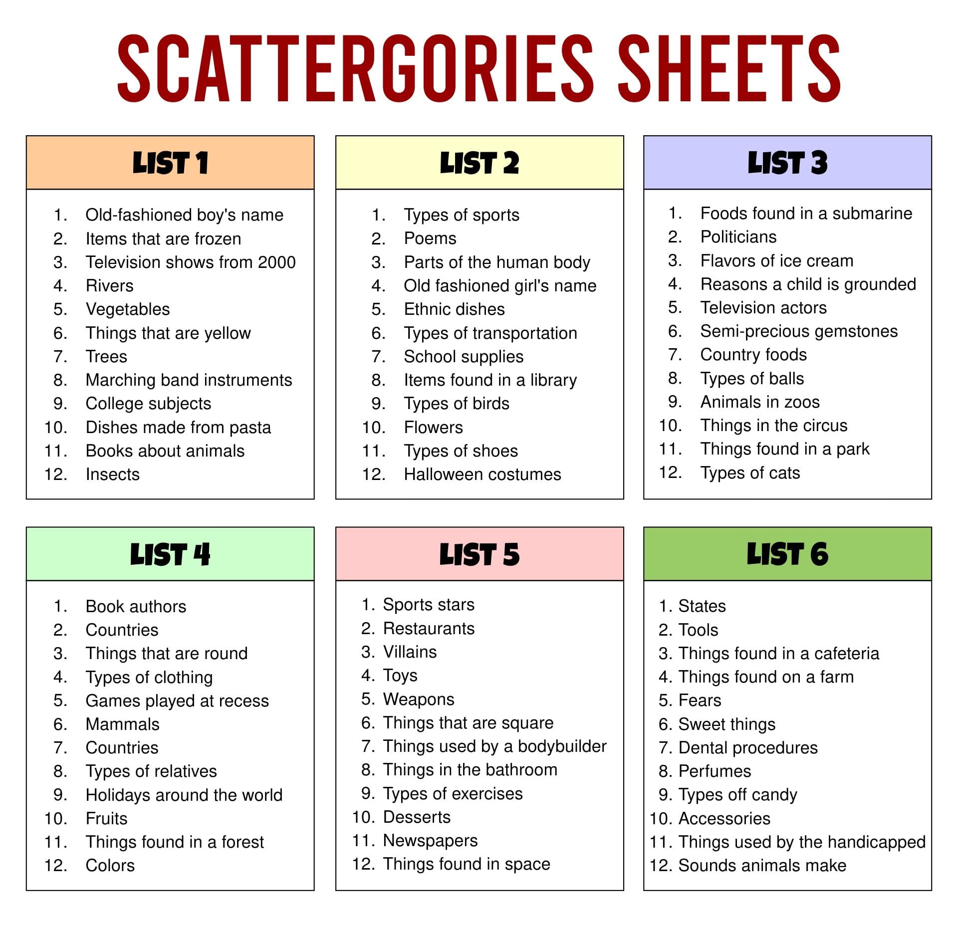 Scattergories Worksheets