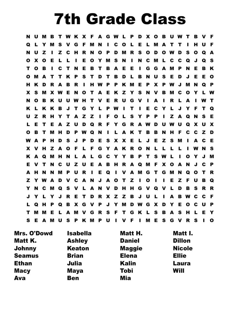 7th Grade Class Word Search