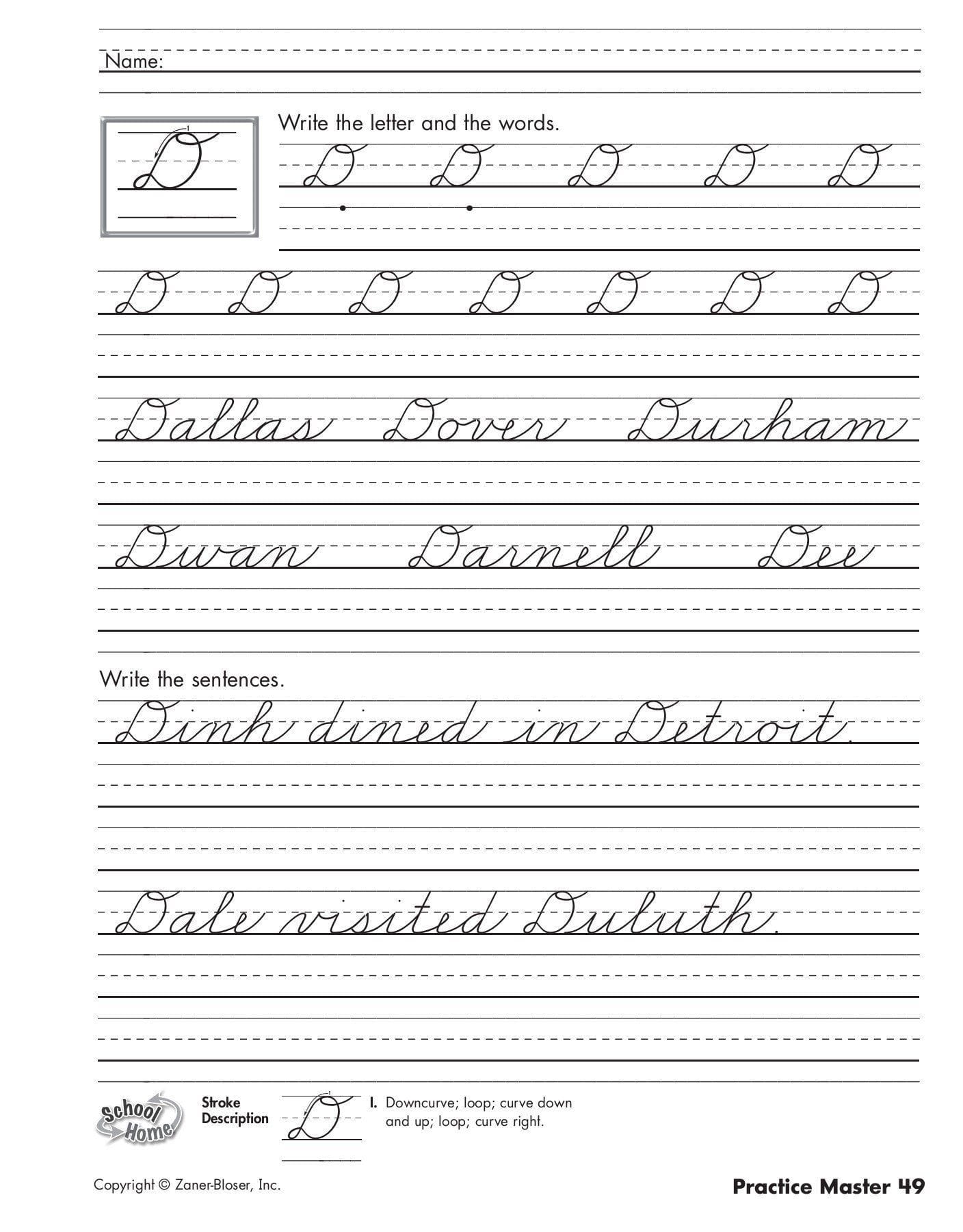 Zaner Bloser Handwriting Worksheet Cursive Handwriting Practice2 Pages