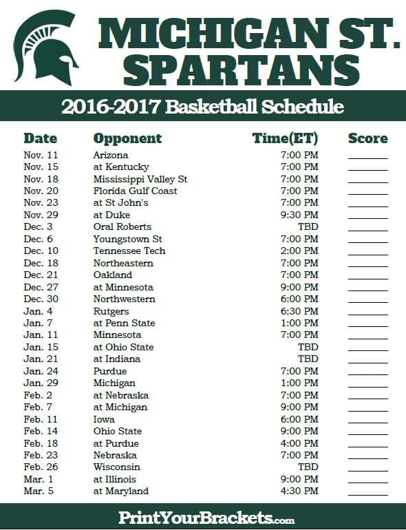 Michigan State Basketball Printable Schedule