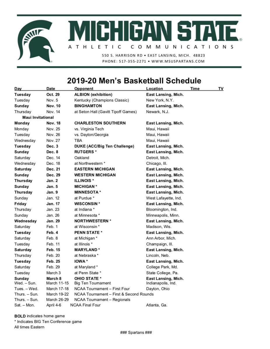 Michigan State Basketball Schedule Printable