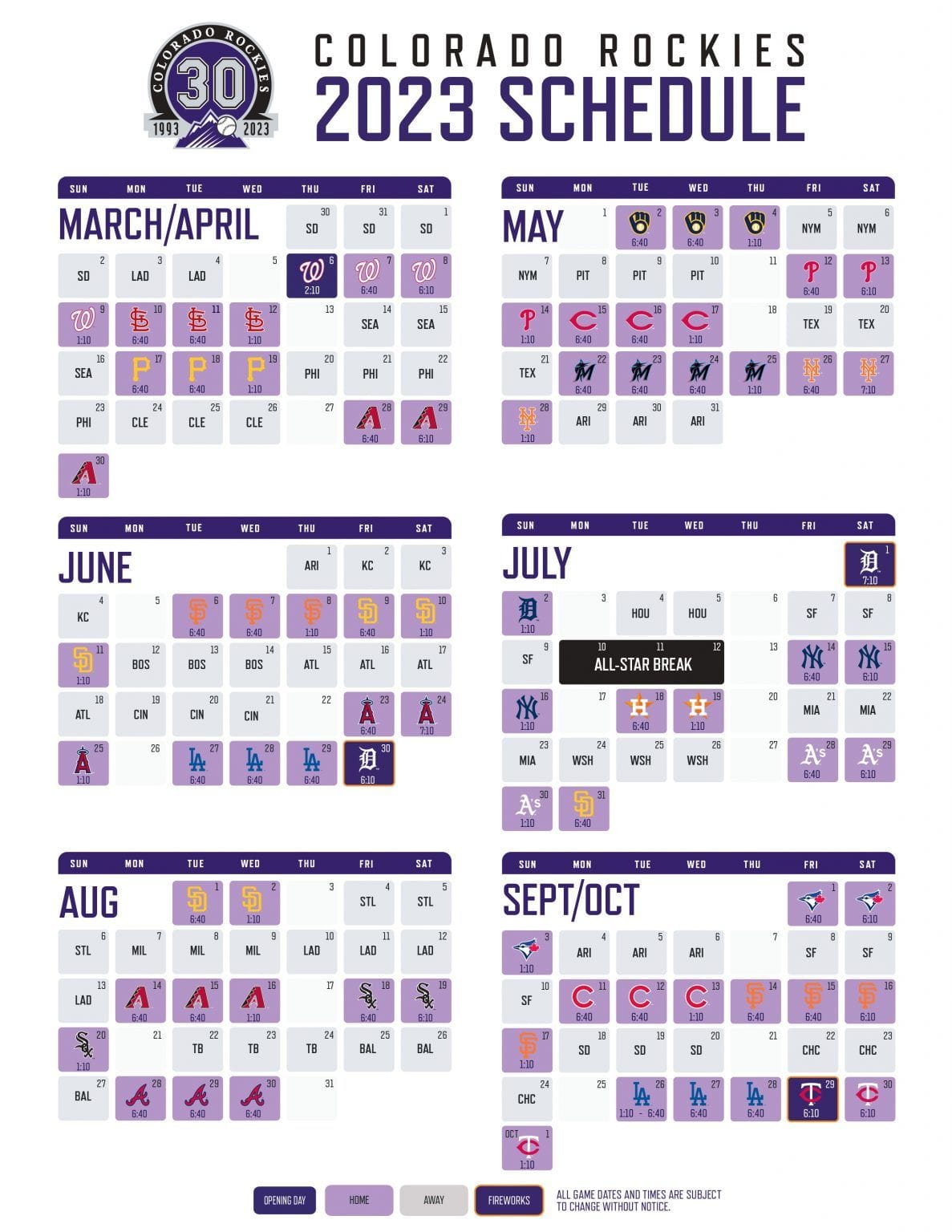 Colorado Rockies Printable Regular Season Schedule