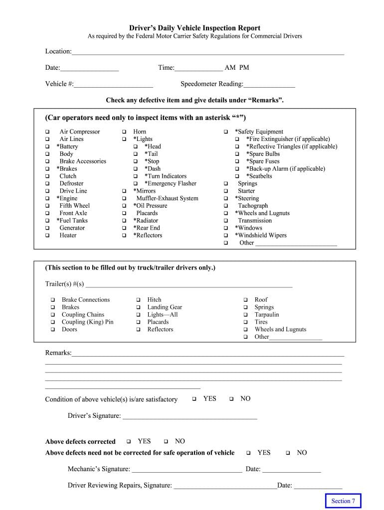 Free Printable Dvir Form