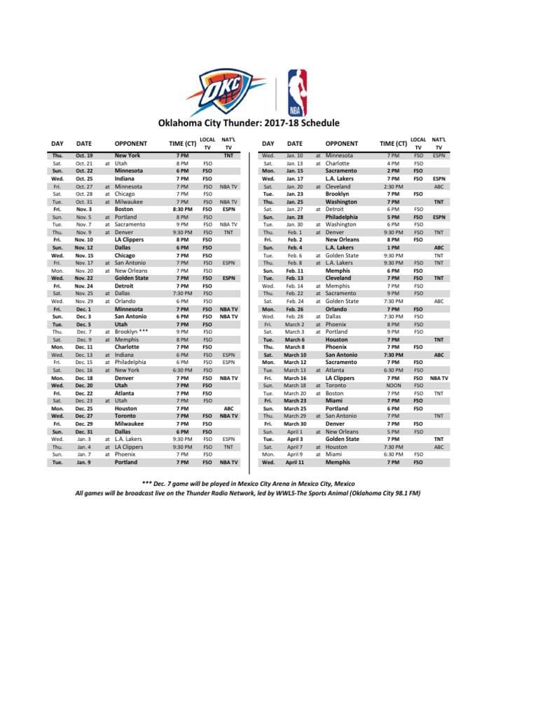 Okc Thunder Printable Schedule