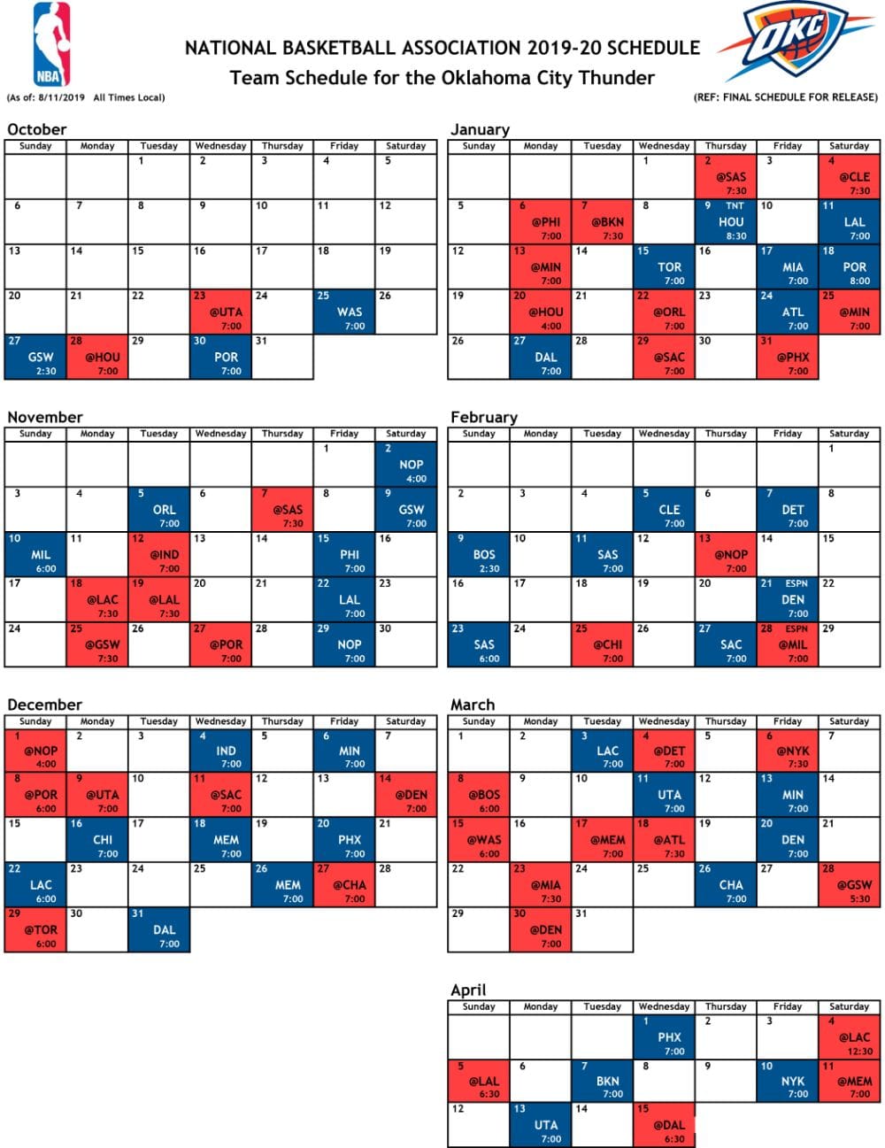 Okc Thunder Printable Schedule 2022 23