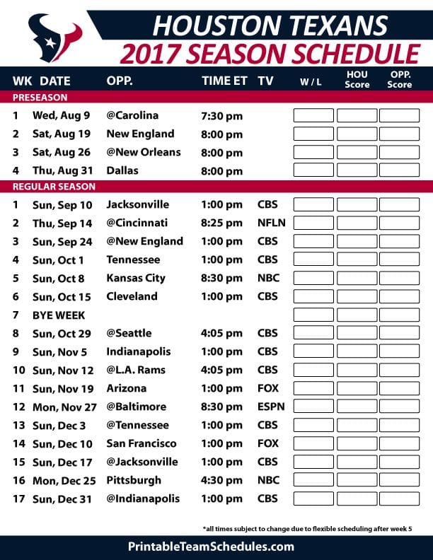 Houston Texans Printable Schedule