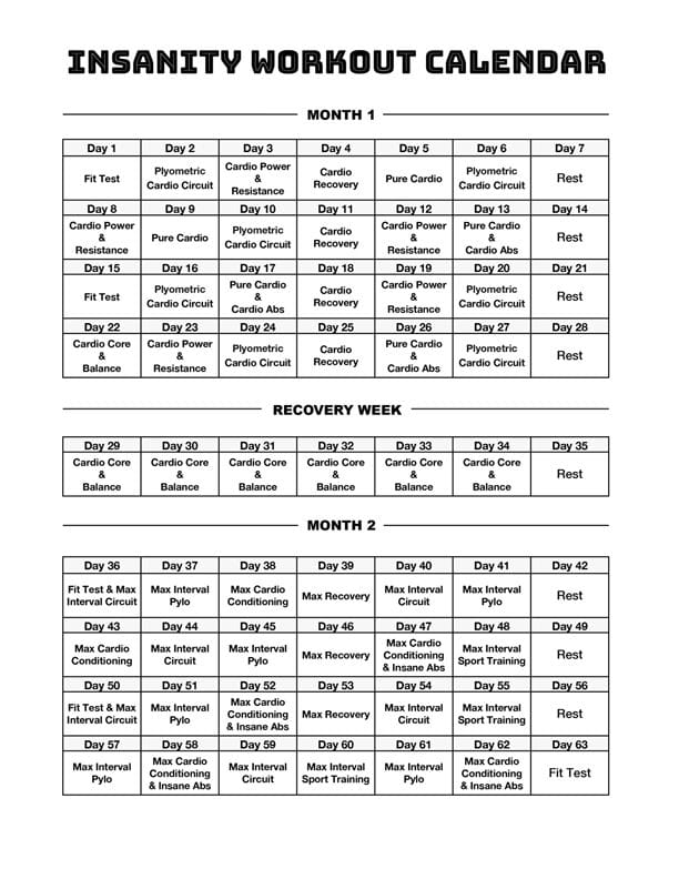 Insanity Workout Schedule Download Printable PDF Templateroller