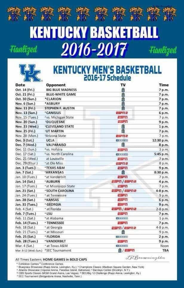 Kentucky Mens Basketball Printable Schedule