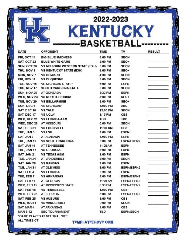 Printable Kentucky Mens Basketball Schedule