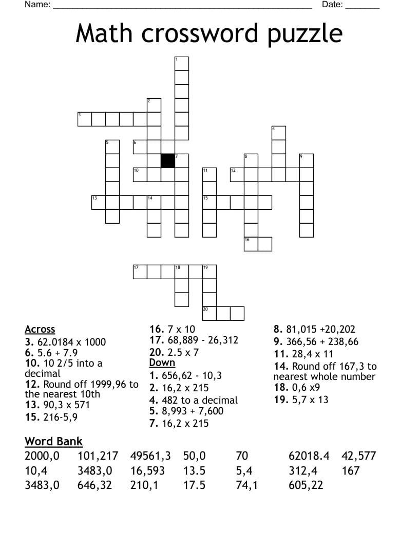 Free Printable Math Crossword 2