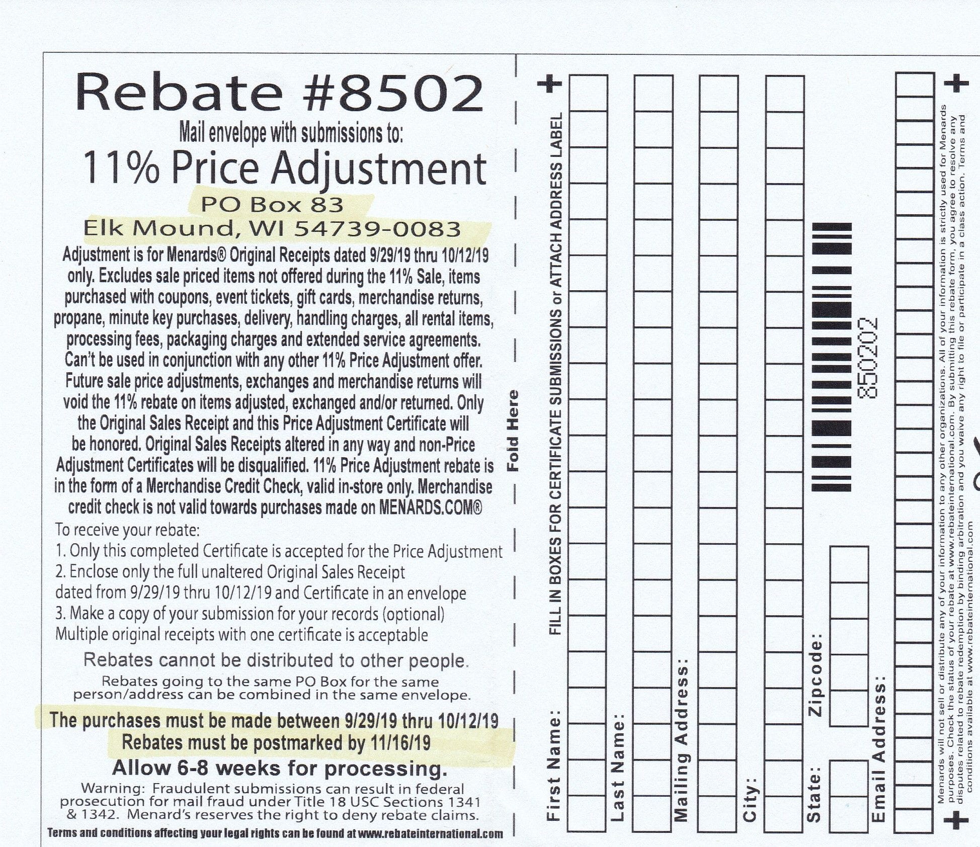 Menards 11% Price Adjustment Rebate #8302