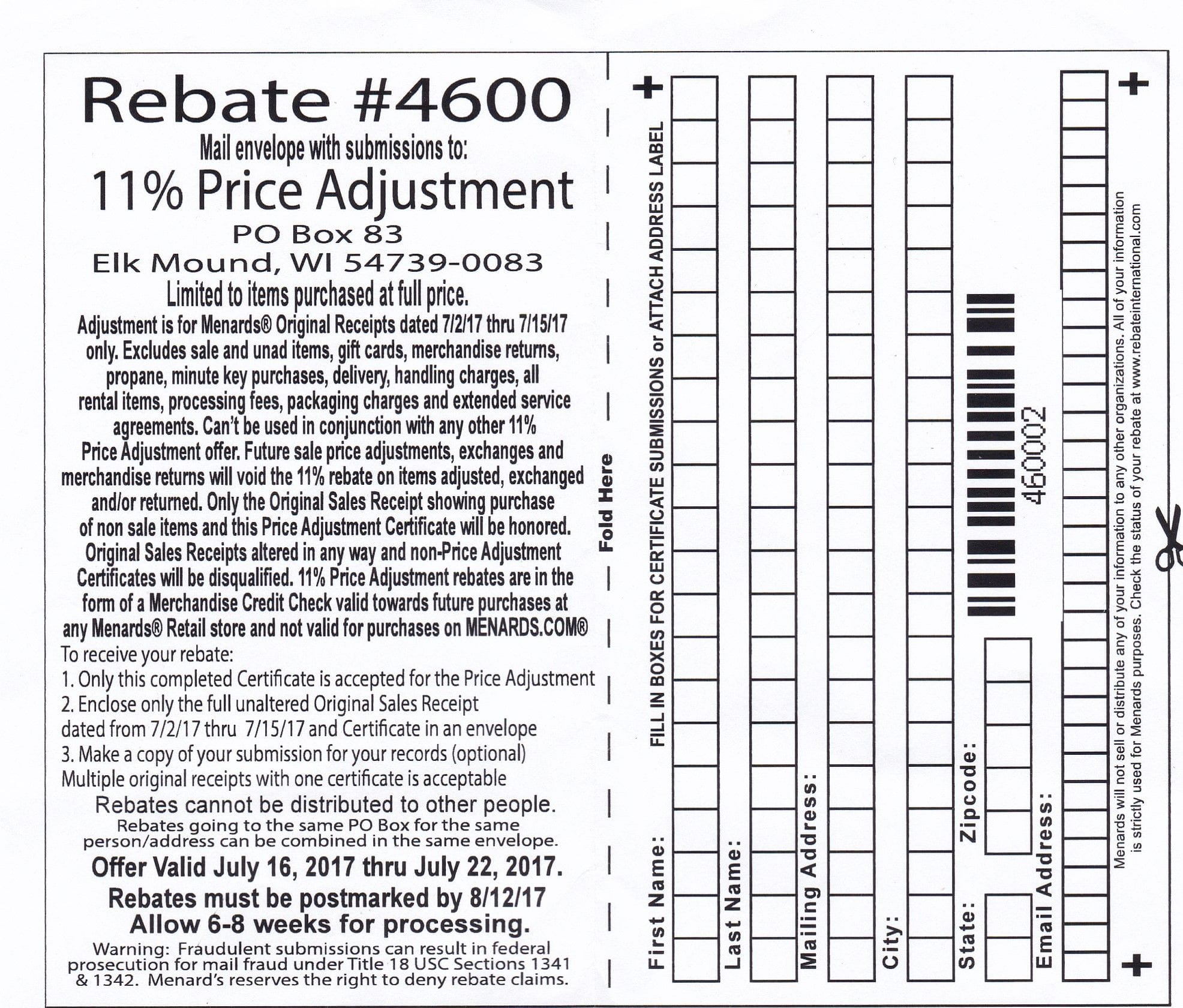 Menards 11% Price Adjustment Rebate 8804 (Feb 2023)