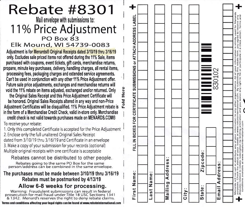 Menards 11 Price Adjustment Rebate 8001 Purchases 1 27