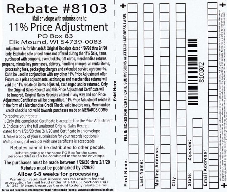 Menards Price Adjustment Rebate Form October 2022