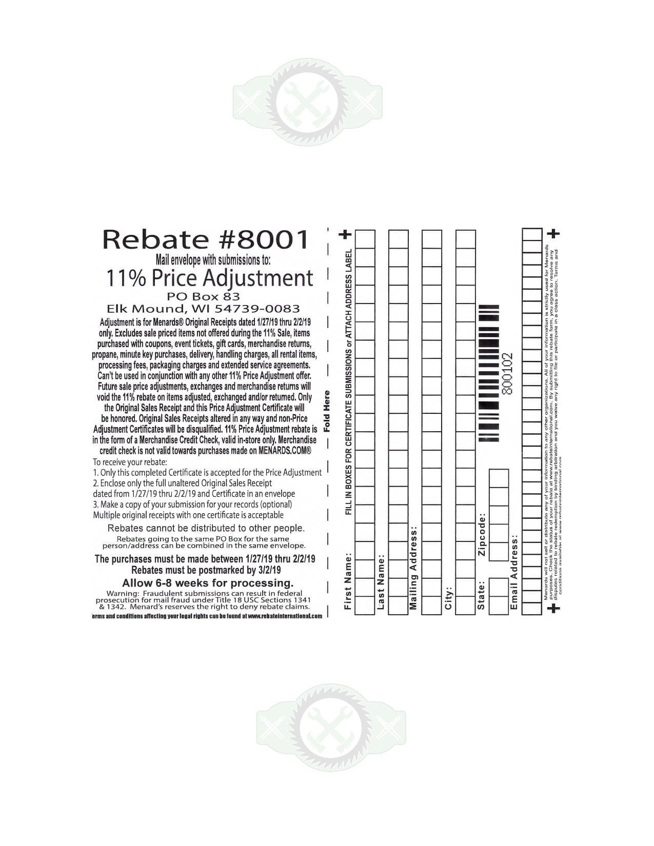 Menards Price Adjustment Rebate Form January 2021