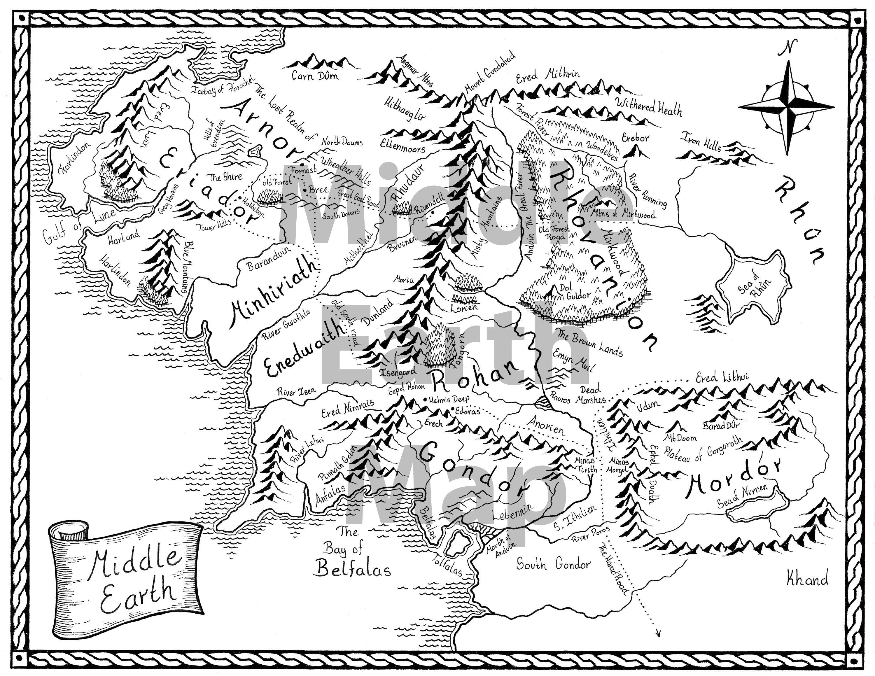 Hand Drawn Map of Middle Earth Tolkien Map Lord of the Rings