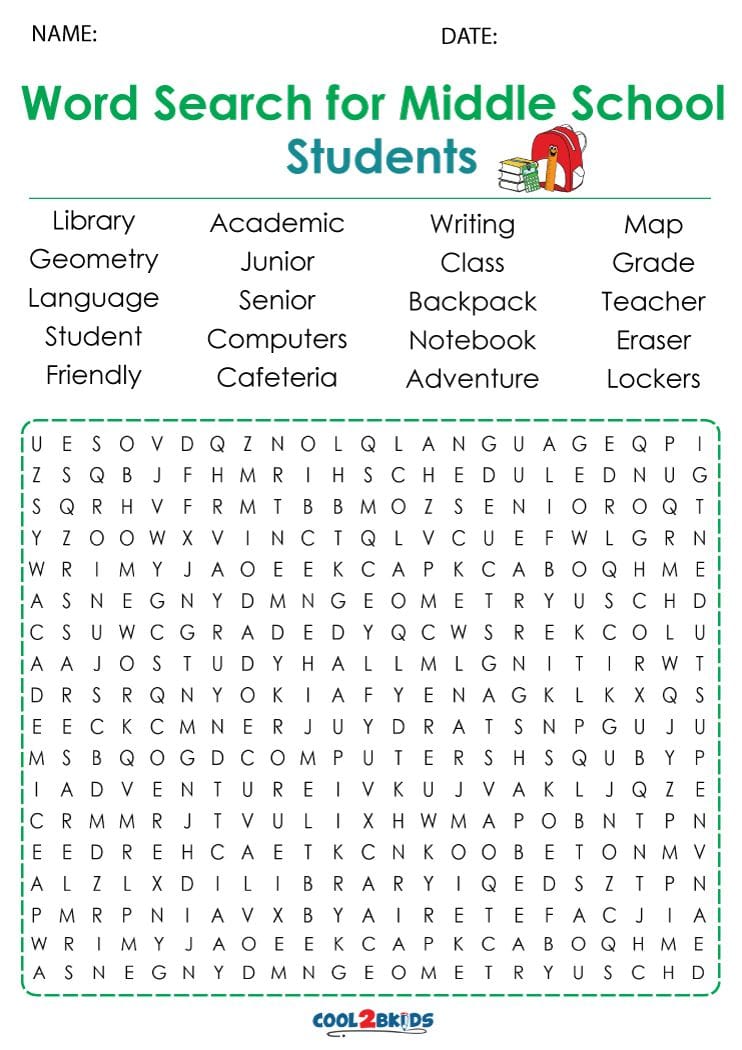 Printable Middle School Word Search