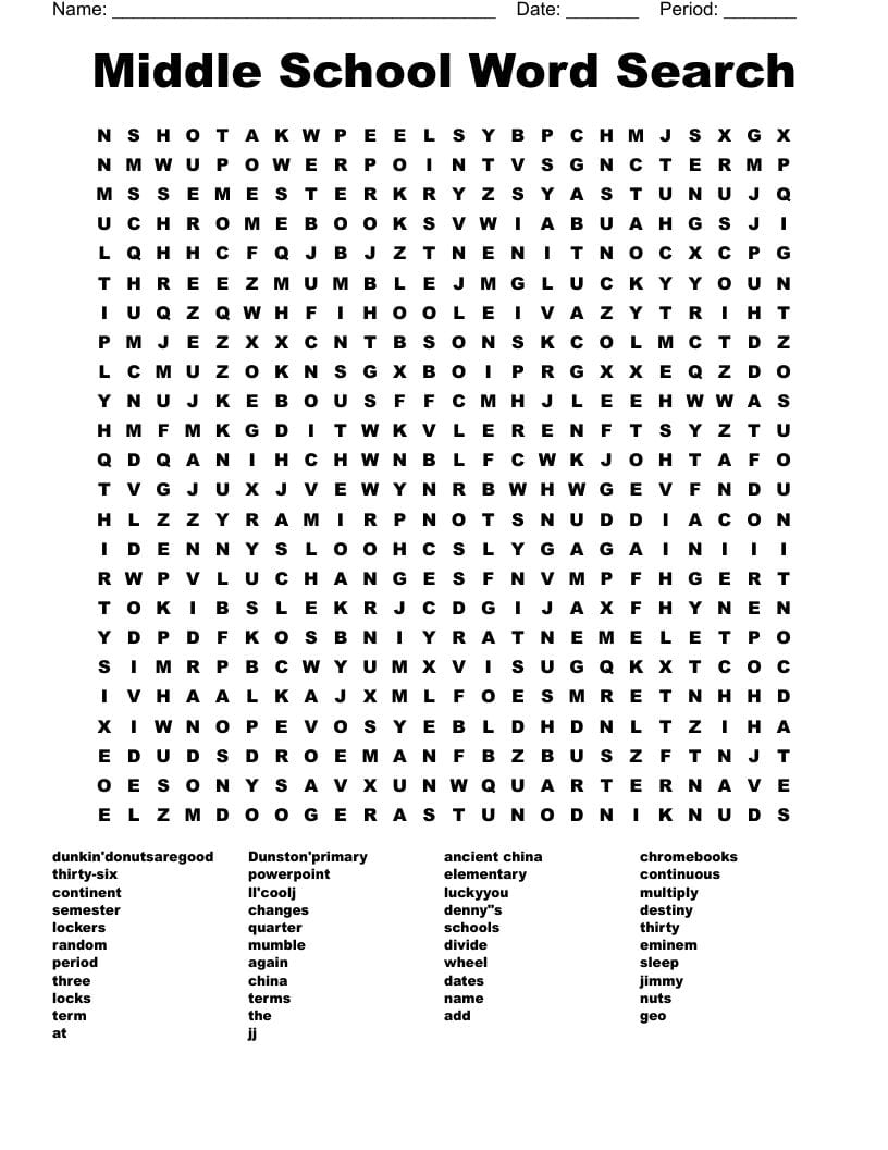 Printable Middle School Word Search