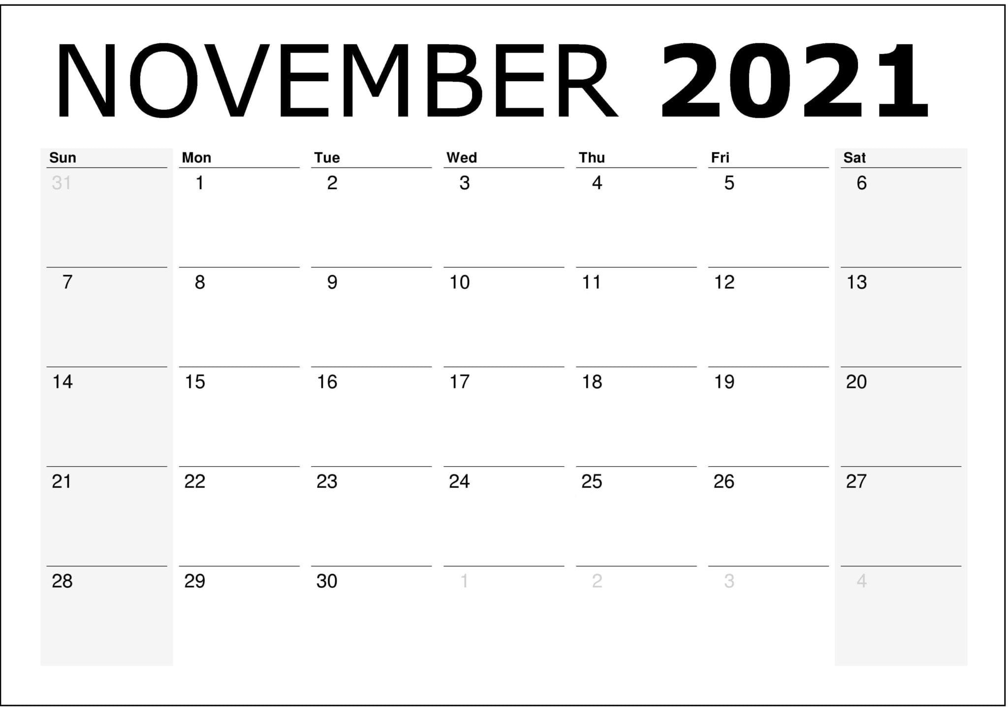 Free Blank November Calendar 2021 Printable Template PDF Word Excel Page