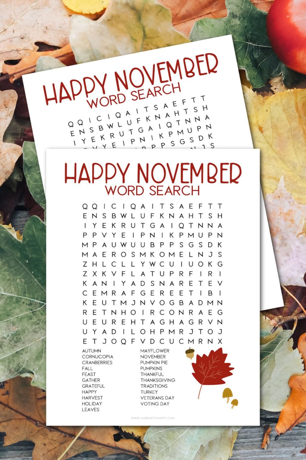 November Word Search Printable