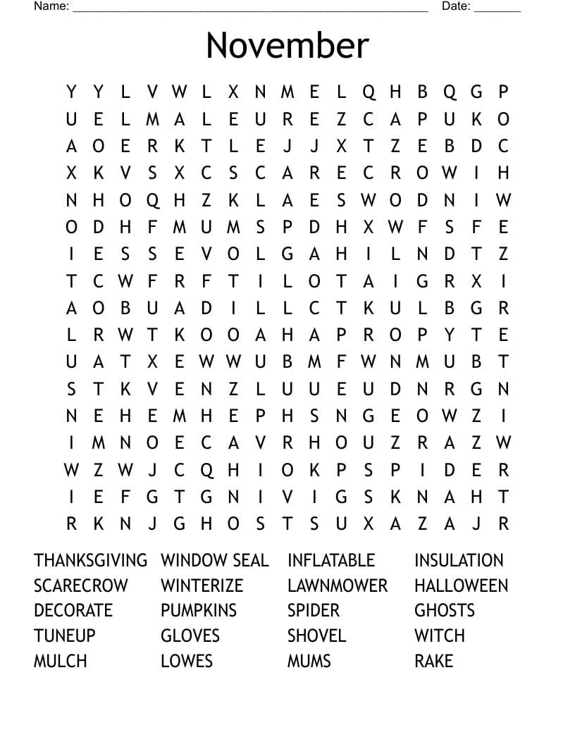 November Word Search Free Printable