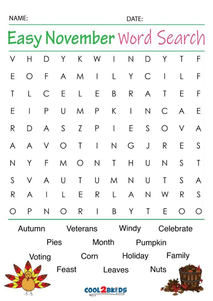 November Word Search Free Printable