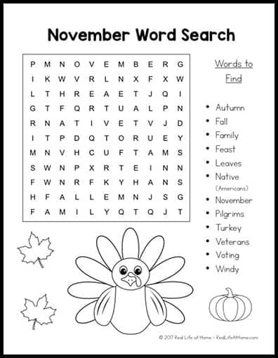 November Word Search Puzzle Printable