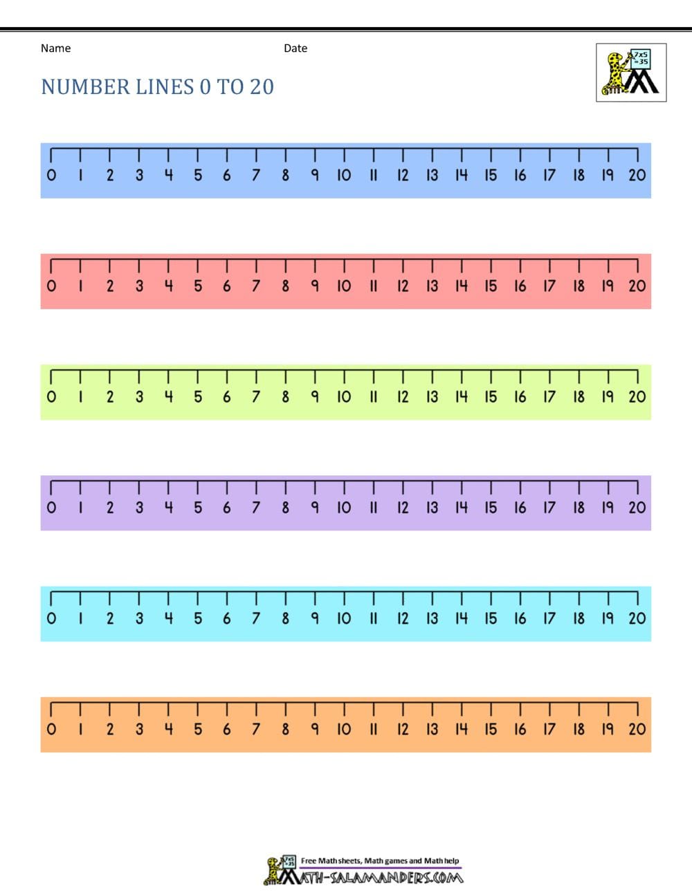 Printable Number Lines To 20