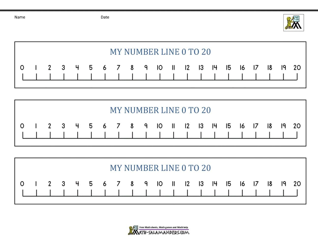 Number Line 0 to 20 Printables