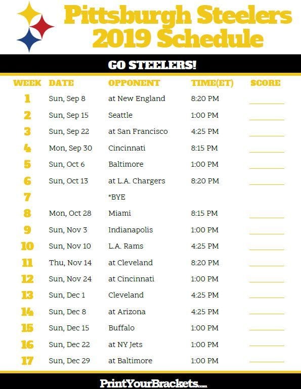 Pittsburgh Steelers Printable Schedule 2023