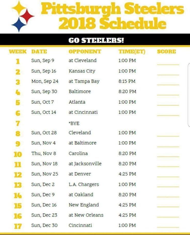 Pittsburgh Steelers Schedule Printable