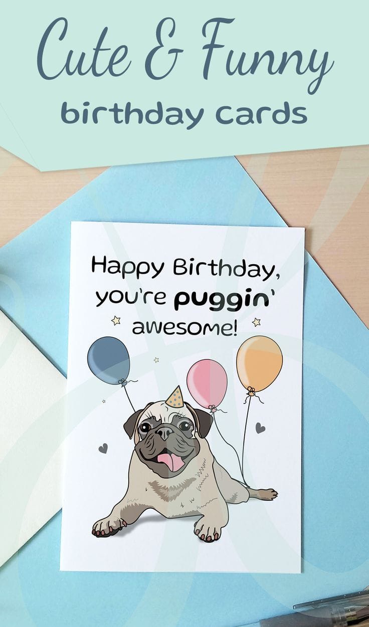 Happy Birthday Card Pug Dog Instant Download Pdf Digital