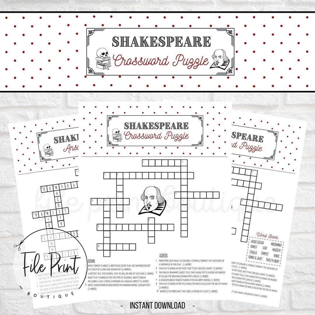 WILLIAM SHAKESPEARE Crossword Puzzle Worksheet Activity by Puzzles to Print