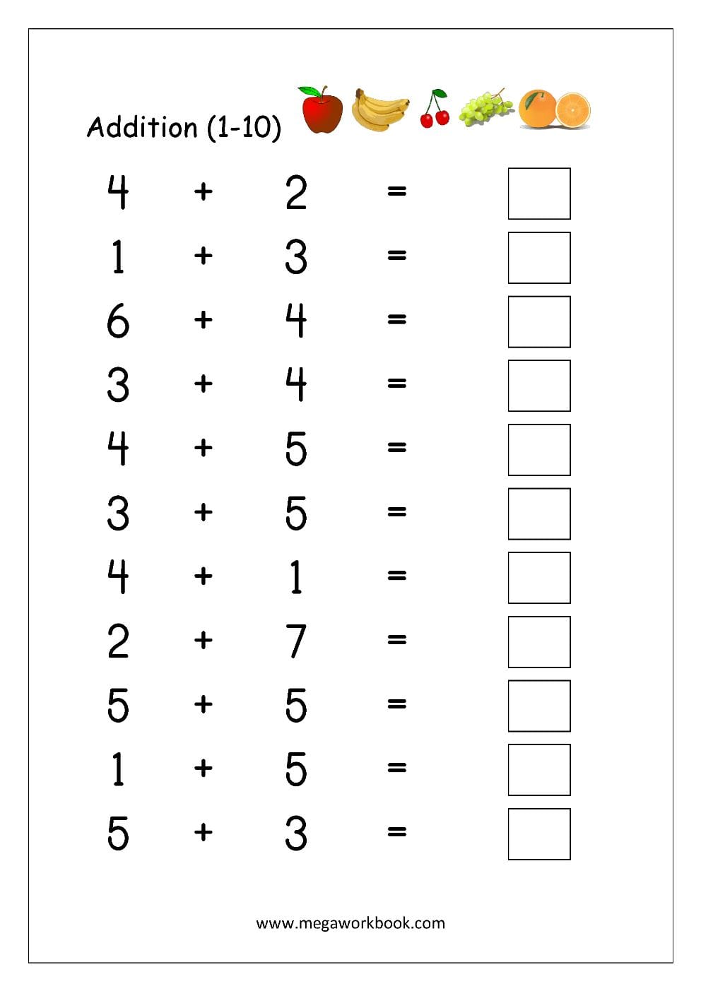 Printable Addition 1 Digit Worksheet For Kindergartens