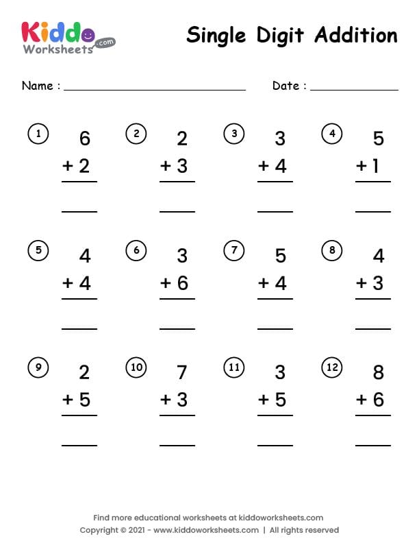 One 1 Diggit Addition Worksheets