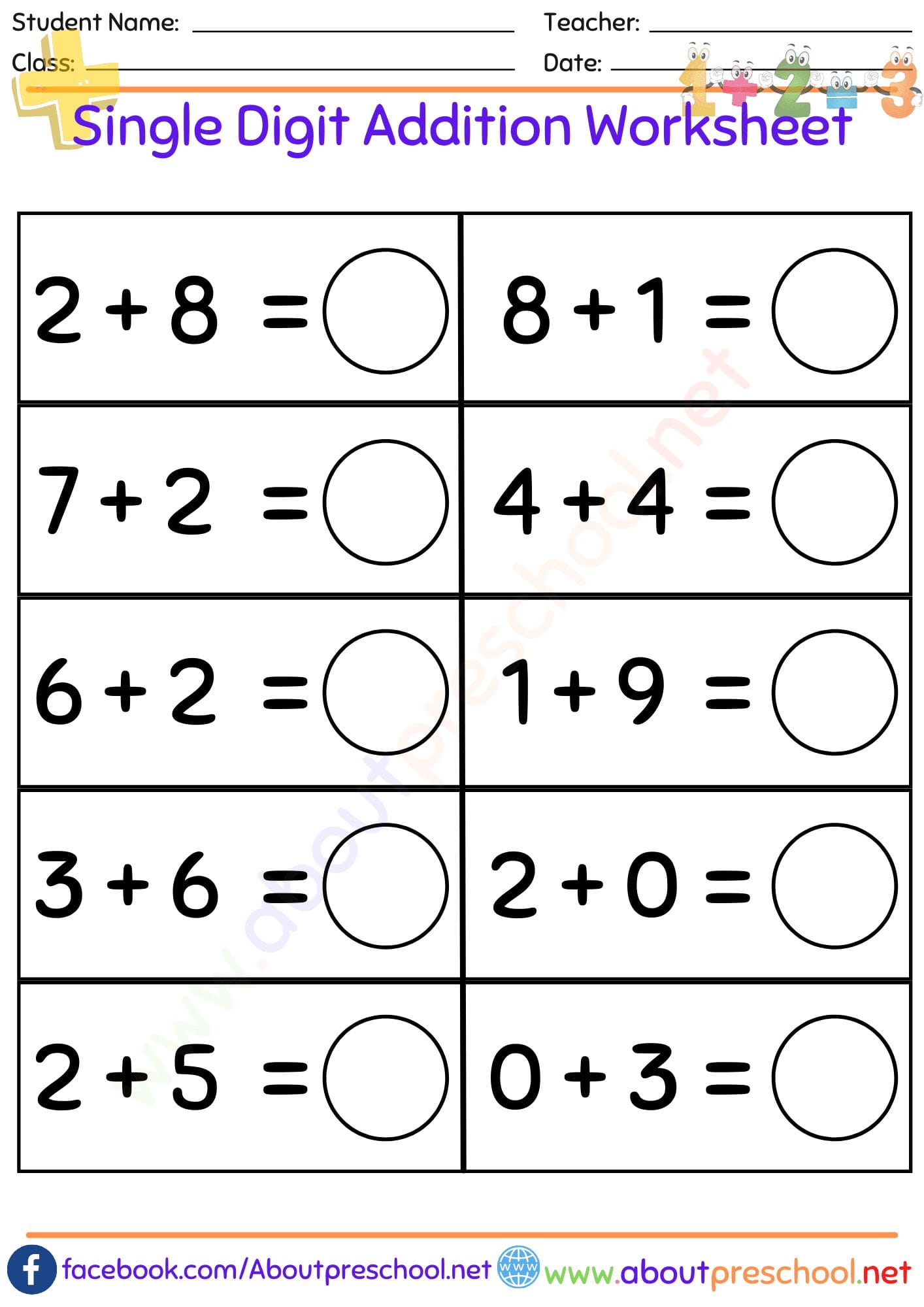 Free Printable Single Digit Addition Worksheet