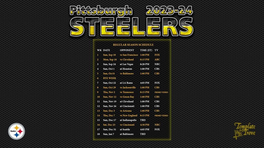 Pittsburgh Steelers Printable Schedule 2023