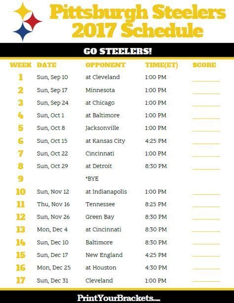 Printable Pittsburgh Steelers Football Schedule