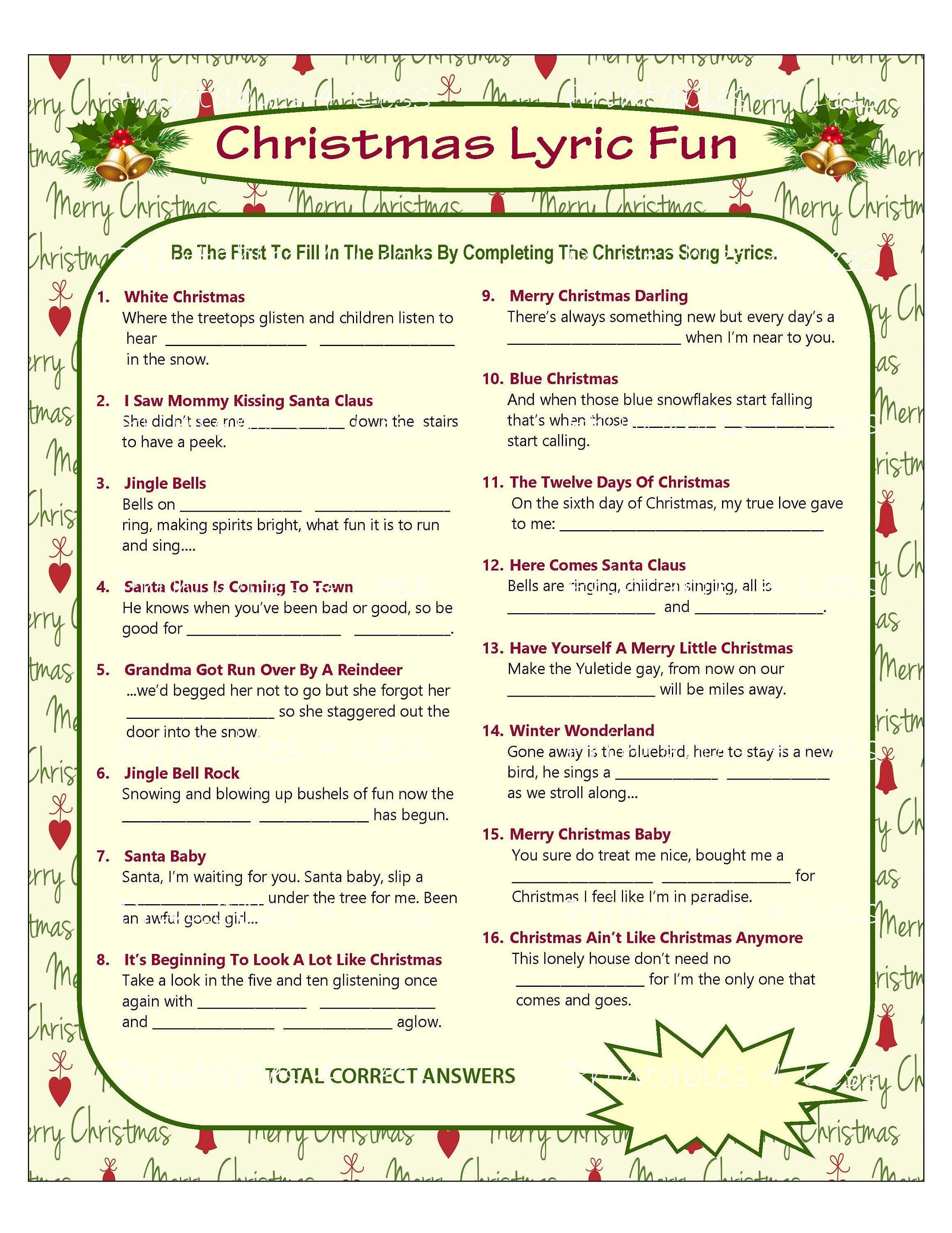 5 Christmas Carol Lyrics Quiz Printables