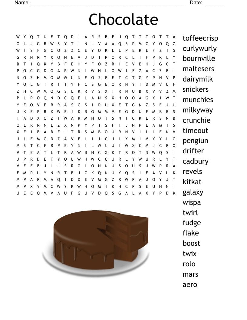 Chocolate-Themed Word Search Puzzle for Adults