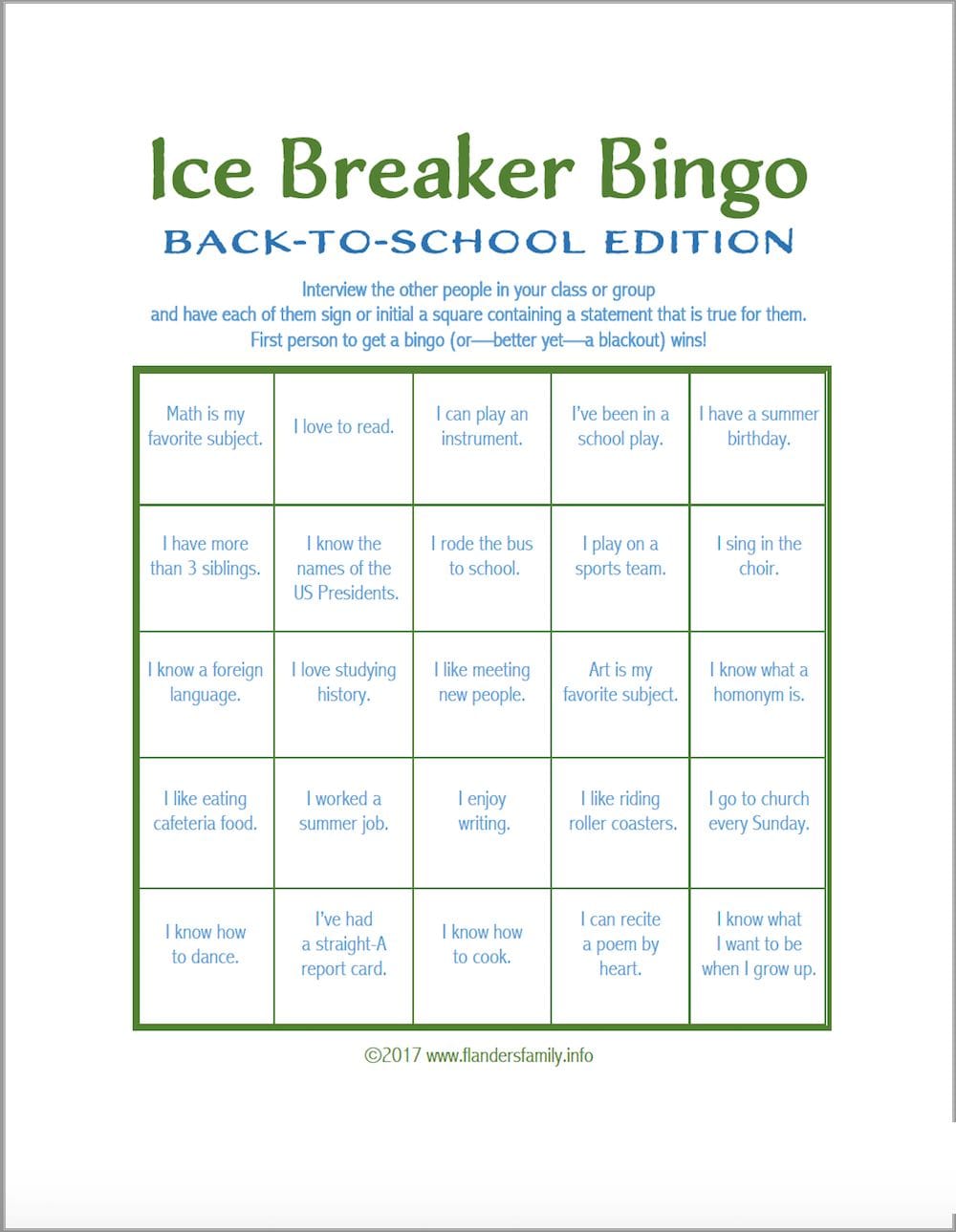 Back to School Icebreaker Bingo