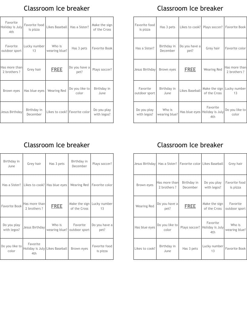 Classroom Icebreaker Bingo