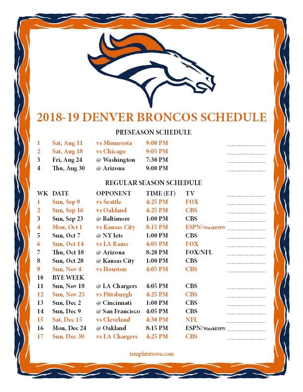 Denver Broncos 2018 Schedule