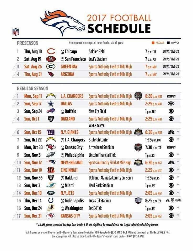 Denver Broncos Printable Schedule