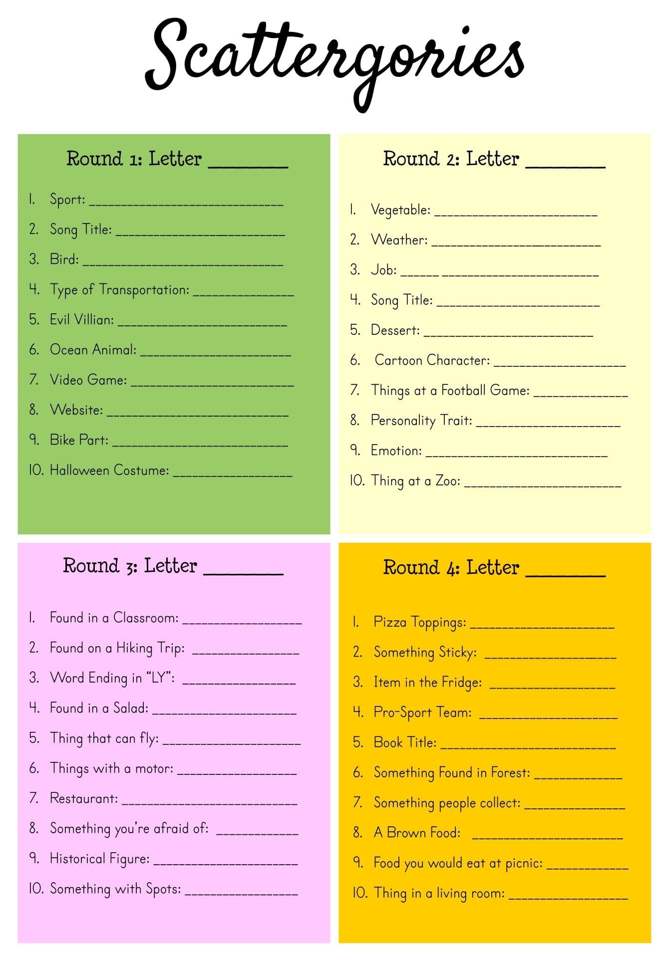 Free Printable Scattergories Sheets For Fun Word Games