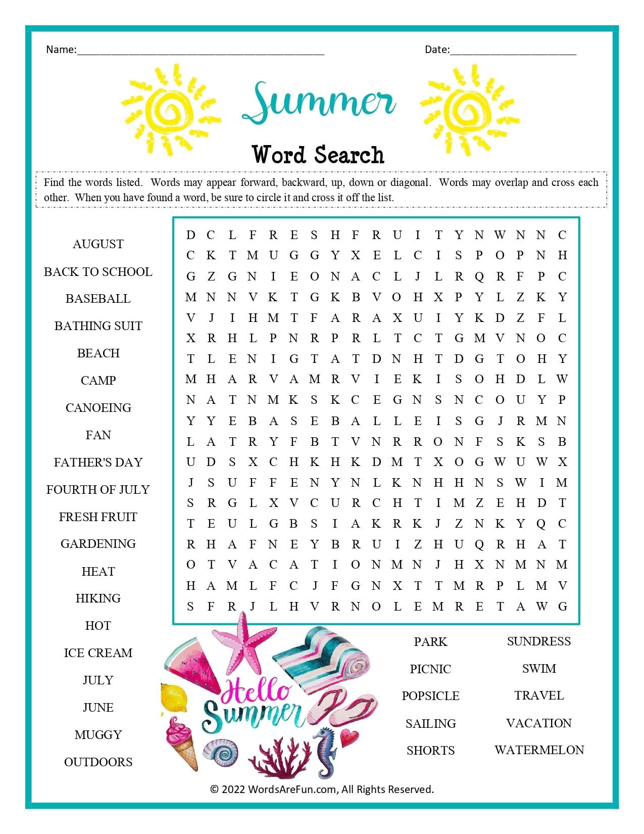 Free Printable Summer Word Search Puzzles For Kids