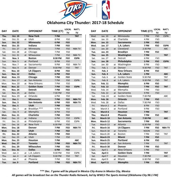 Get Your Okc Thunder Printable Home Schedule Here