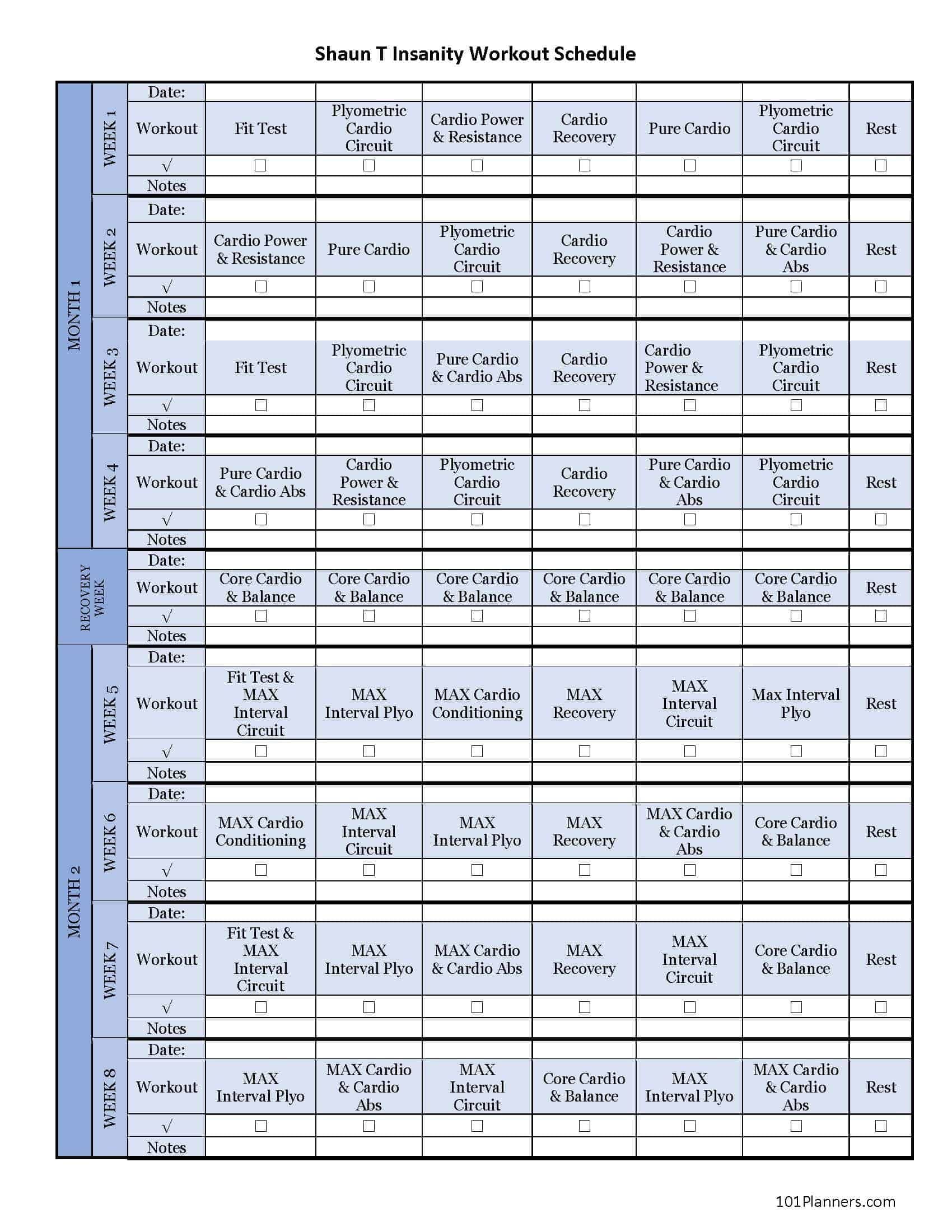 Insanity Workout Schedule Template